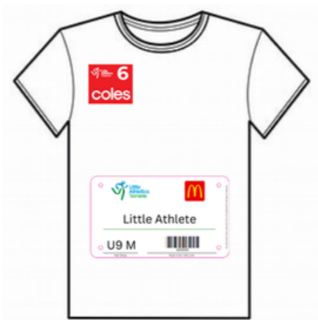 Little Athletics Tasmania badge placement guide: Coles age patch on the upper right front, name bib on the front of the competition top
