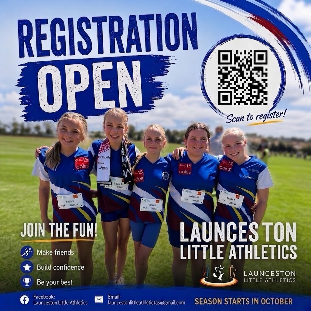Registration open — Launceston Little Athletics athletes in uniform