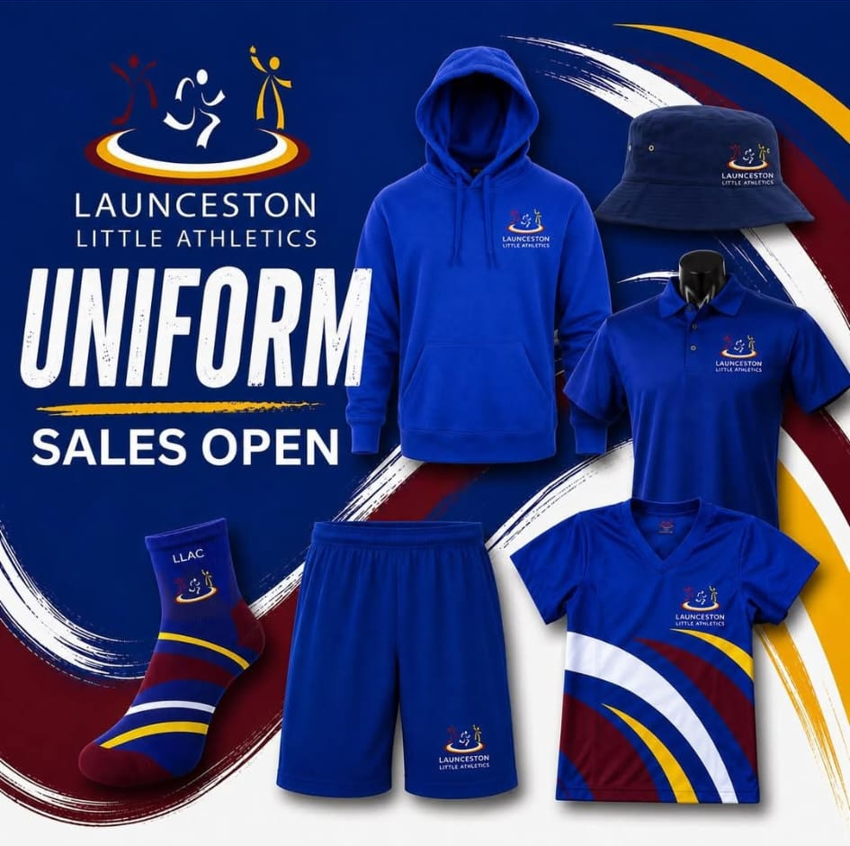 Launceston Little Athletics uniform range — hoodie, bucket hat, polo, competition top, shorts and socks