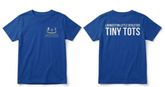 Tiny Tots T-shirt, front with Launceston Little Athletics logo and back with TINY TOTS print