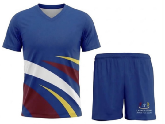Launceston Little Athletics Centre top and royal blue logo shorts
